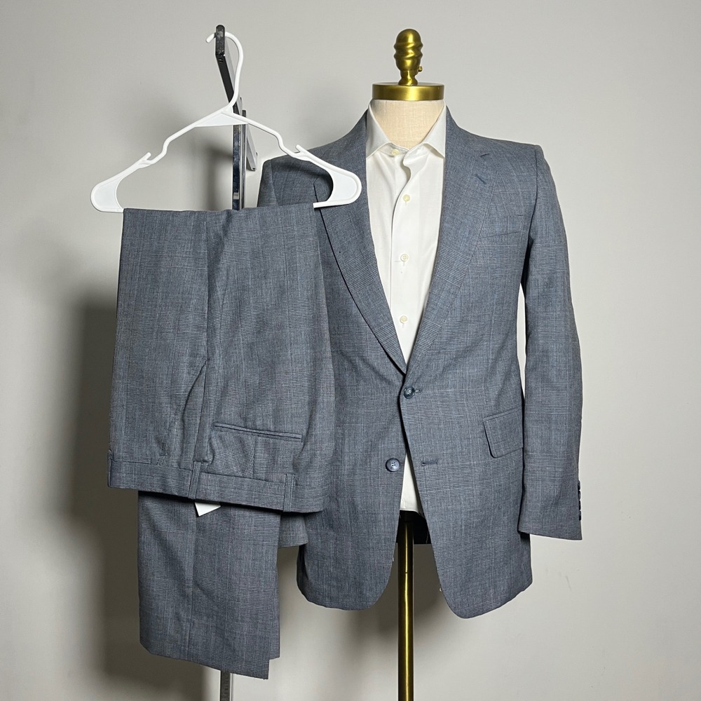 Austin Manor Suit Mens 38R 31W Blue Glen Plaid 2-Button Wool Blend Business